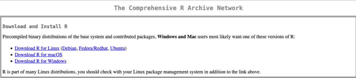 Fragment of CRAN website with links to download R