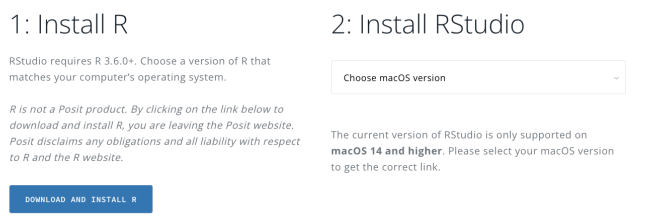 Fragments from RStudio website with links to install RStudio